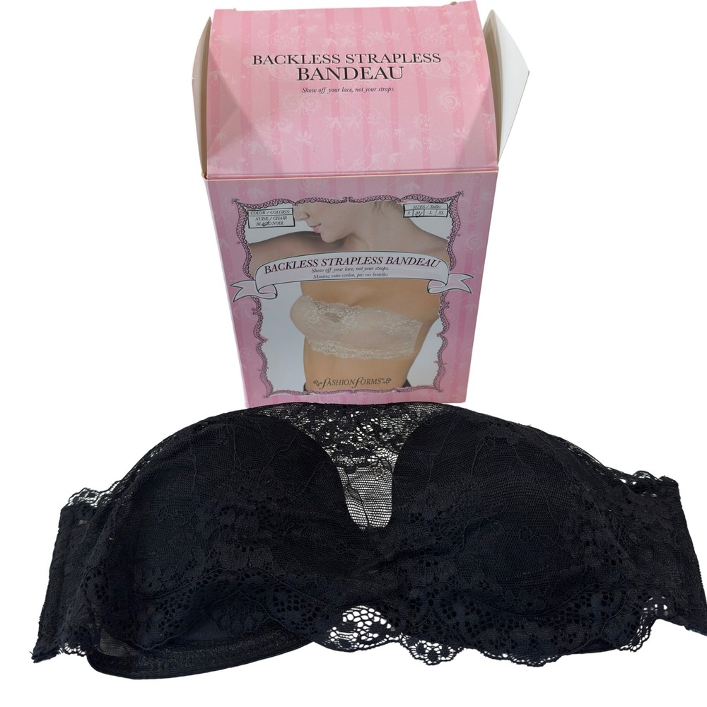 NWT Fashion Forms Backless Strapless Adhesive Lace Bandeau Bra Black Size M Box